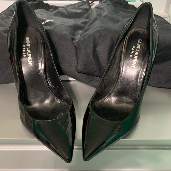 Yves Saint Laurent Black Patent Leather Opyum Heels with Silver YSL Logo Heels - Picture 2 of 5
